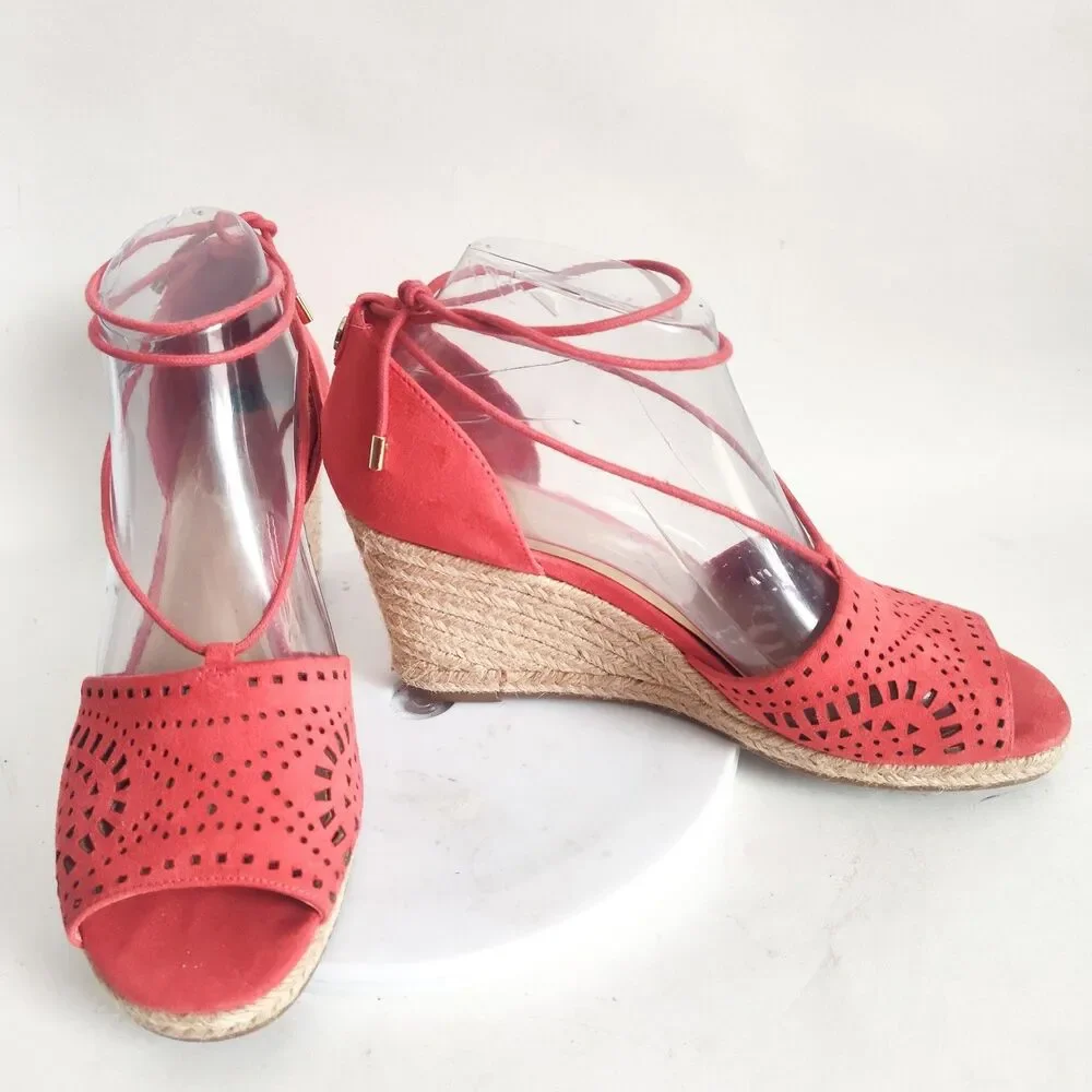 Unisa Red Laser Cut Women's Sandals‎ Size 8 Espadrille Wedge Open Toe Ankle Tie